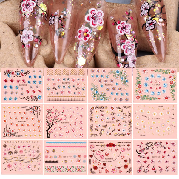 Blomster Nail Art Stickers Pink Cherry Blossoms Negle Decals 3D Forår Sommer Negle Art dekorationer Rød Pink Blå Gul