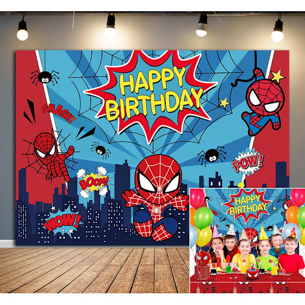 Superhjälte Bakgrund Grattis På Födelsedagen Cartoon Tema Fest Dekoration Barn Pojkar Stadsbild Blå Rand Fotografi Bakgrund Banner (7x5FT(210x150cm))