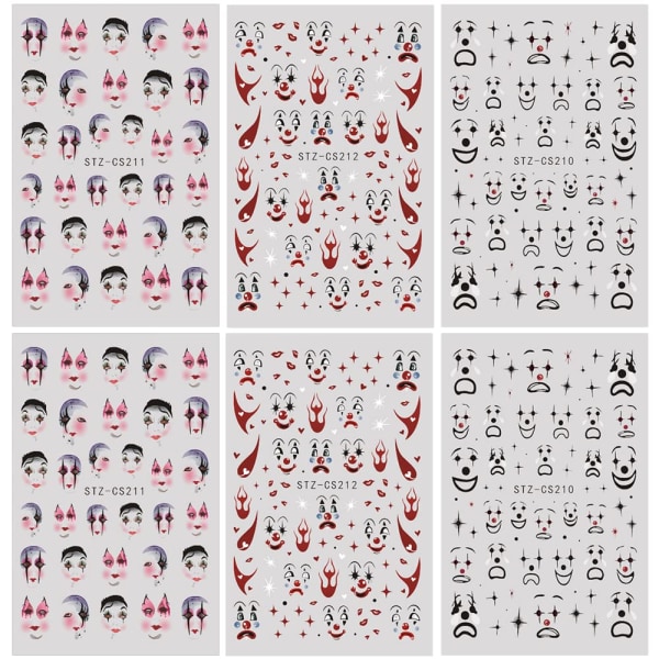 6Sheets Roliga Nail Art Stickers Dekaler, Cartoon Clown Nageldekaler 3D självhäftande Nail Art Supplies Läskigt leende