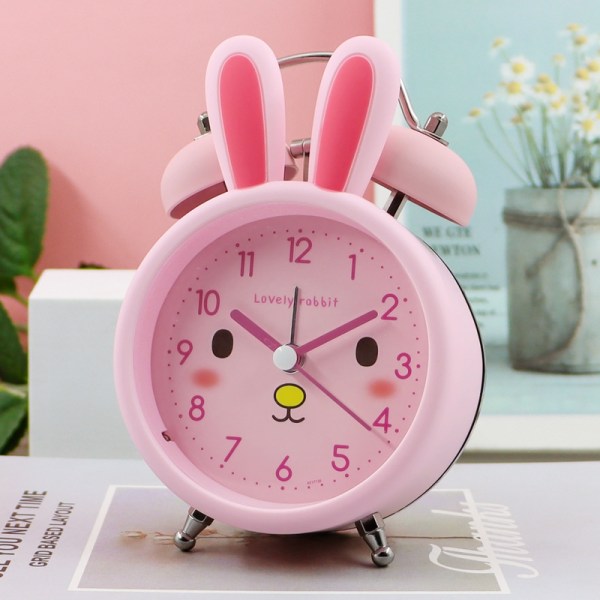 Kanin väckarklocka för barn, tecknad söt kanin väckarklocka för tunga sovandes med bakgrundsbelysning, högljudd Twin Bell väckarklocka för sovrumsdekoration (rosa)