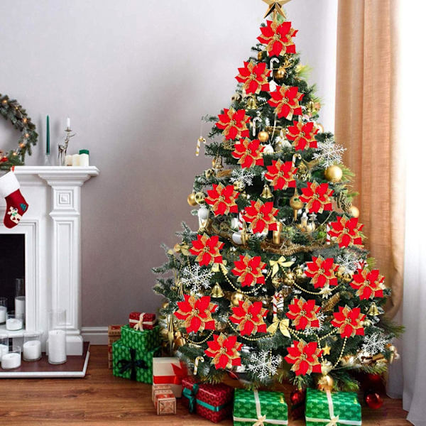 Heyone 12-pack 8,7 tum julglitter poinsettia konstgjorda sidenblommor julgransprydnader
