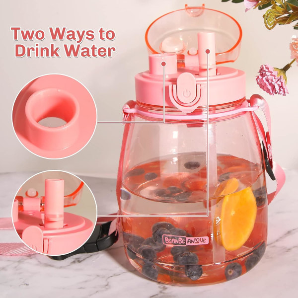 Söta vattenflaskor med sugrör 45 oz rosa flaska Estetisk vattenflaska för kvinnor Vattenflaskor med två sätt att dricka vatten
