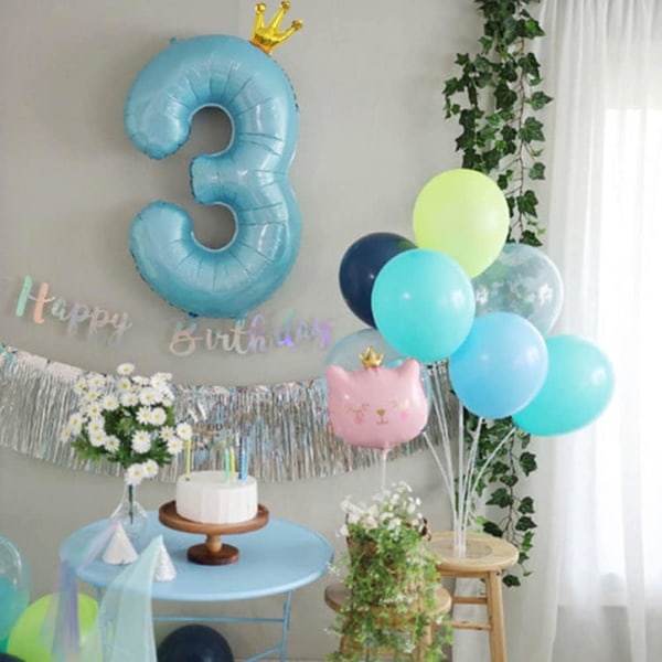 Blå krona nummer 3 ballong, 40'' stort nummer folieballong med latexballonger, 3:e födelsedag (blå 3)