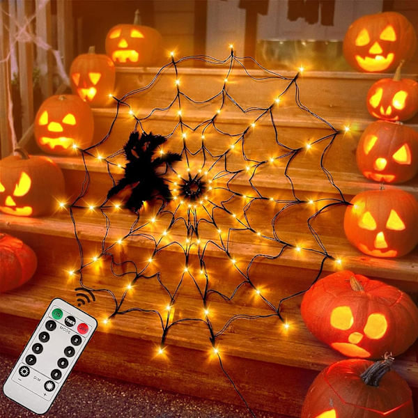 Halloween Edderkoppespind Lys 4FT Diameter 70 LED med Sort Edderkop, Vandtæt Orange Net Lys, Fjernbetjening, 8 Tilstande