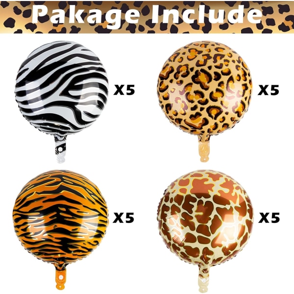 20 stk runde aluminiumsfolie ballonger Tiger leopard Zebra mønster Helium ballong Jungel dyr festartikler Dyreprint ballonger, 18 tommer