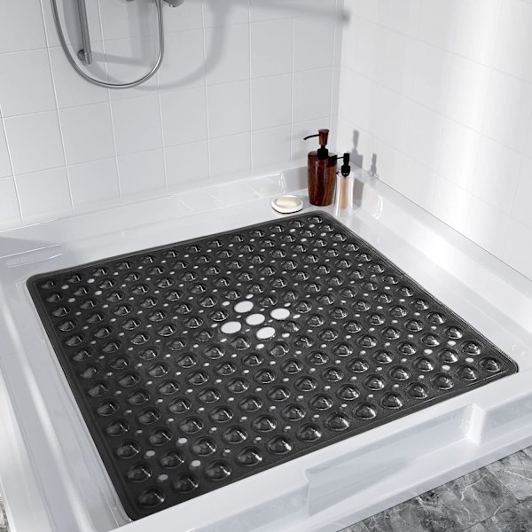 Duschmatta för badkar halkfri, 21x21 tum, mjuk fyrkantig badmatta för badkar med sugkoppar och dräneringshål, stallgolvmattor, svart