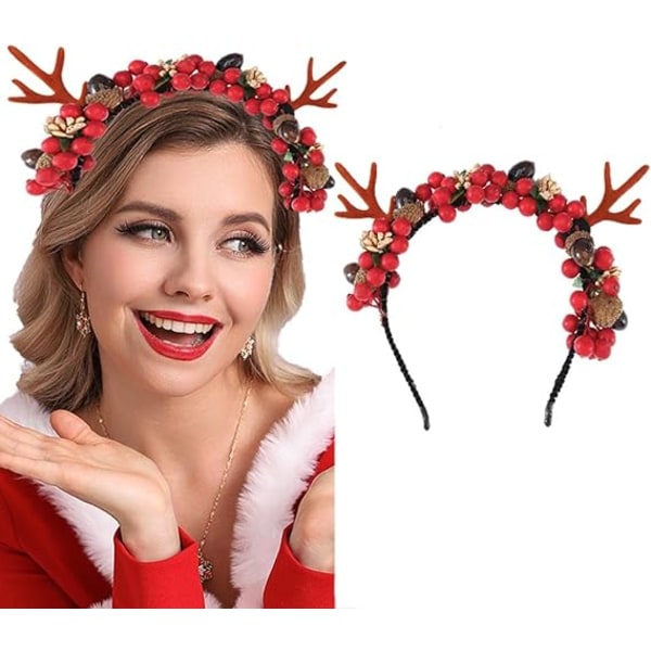 Julehodebånd med reinsdyrgevir, julehårbøyle, hodeplagg med bær, julefest, hodeplagg for kvinner og jenter