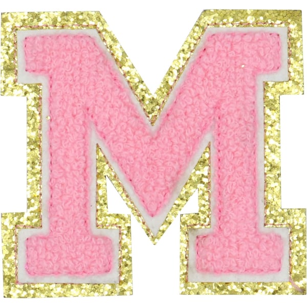 Engelska bokstaven M Stryk på reparationslappar Alfabetsömnad Applikationer Klädmärken, med guldglitterkant, självhäftande bakdekal (Rosa M) MPink