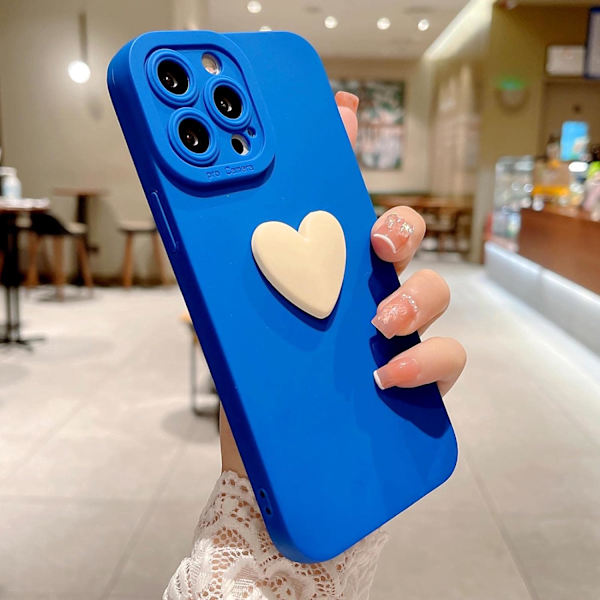 Kompatibel med iPhone 13 Pro Max Söt 3D Kärleks Hjärta Skal Kameraskydd Stöttålig Mjuk Bumper Telefon Skal för Kvinnor Flickor Blå