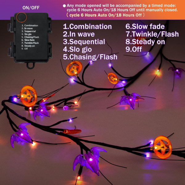 9Ft 72LED Halloween Girlande Lys Opp Willow Vine Gren Dekorasjoner, 12 Bat & 12 Gresskar Strenglys med 8 Moduser Timer, Halloween Krans