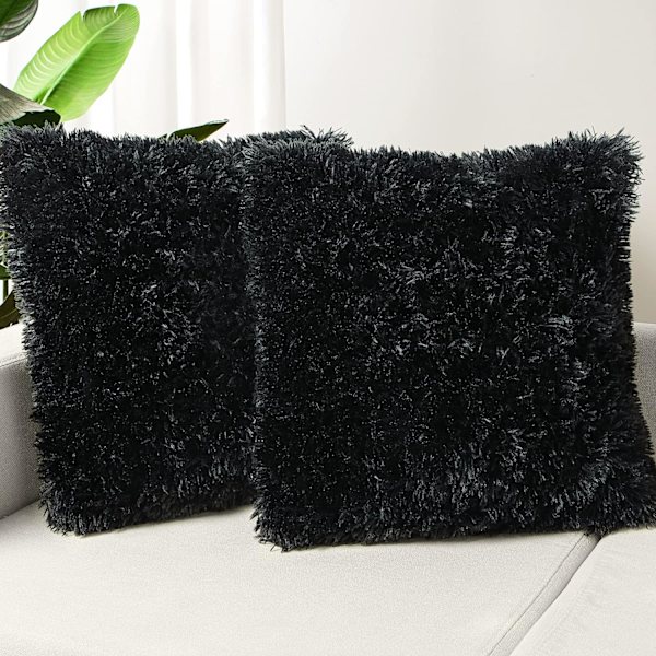 Et sæt med 2 pudebetræk 18x18, sort fluffy pudebetræk, luksuriøst kunstpels firkantet sofa pudebetræk, sofa, stue, soveværelse, uden pudebetræk