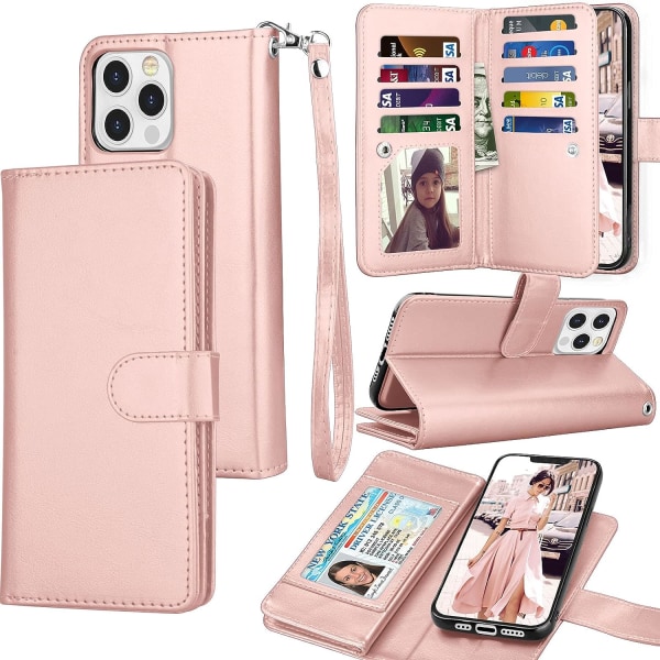 Pung-etui til iPhone 13 Pro Max (6,7 tommer) 2021 Luksus ID Kontant Kreditkortslot Holder Bæretaske Folio Flip PU-læder- Rose Gold