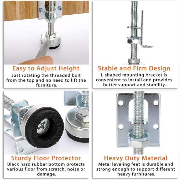 4-pack justerbara möbelfötter i L-form, tunga möbelfötter, möbelfästen i metall, 4,3\"