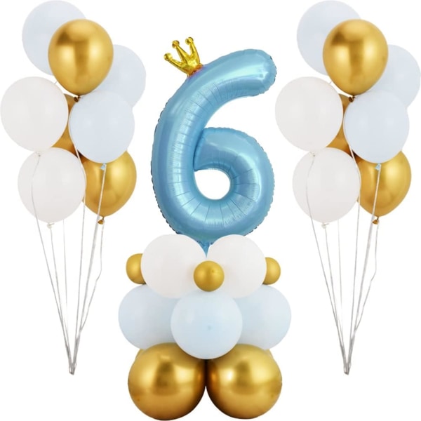 Blå krona nummer 6 ballong, 40 tum stort nummer folieballong med latexballonger, 6-årsdag (blå 6)