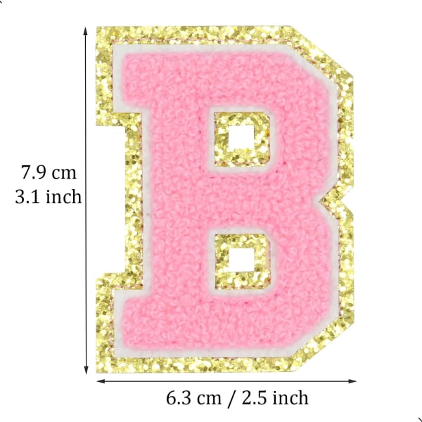 Letter Patch Large， Engelska bokstav B Stryk på reparationslappar Alfabetsömnad Applikationer Klädmärken, med guld（Rosa B）BPink