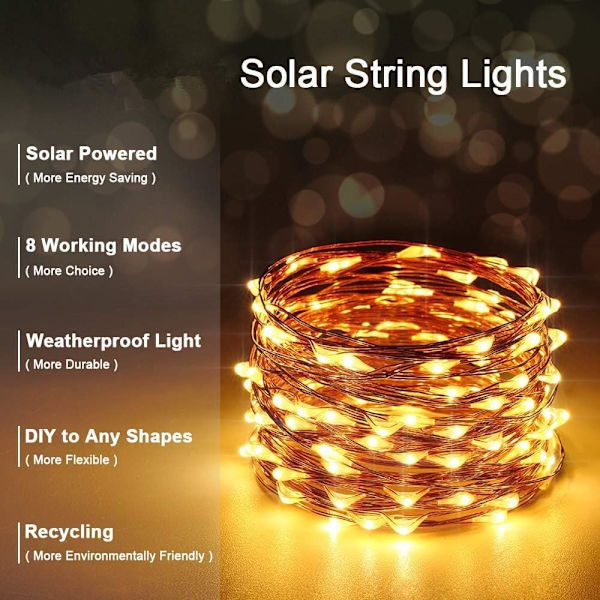 [Set med 2] Solcellelyskjeder, 12M 100 LED Utendørs Solcellelyskjeder, 8 Moduser Vanntett Kobbertråddekorasjon for Hage Terrasse Gårdsplass Soverom