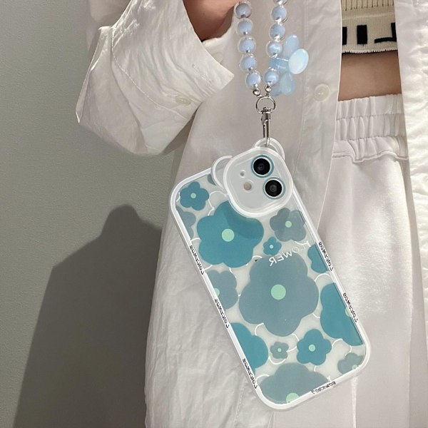Kompatibel med iPhone 12 Skal med Söt Blomsterarmband Blommig Björnkamerans Lins Genomskinligt Skal med Kedja - Björnblu