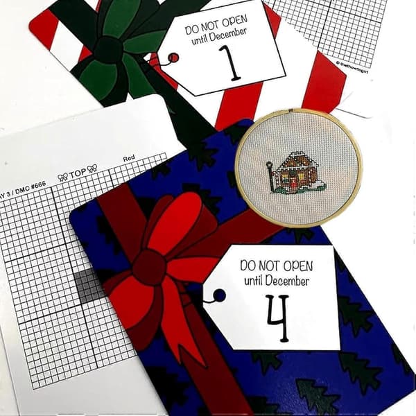 Korssting Adventskalender, Korssting Sett, 24 Dagers Nedtelling Adventskalender, Julepynt, Julebroderi Sett, red