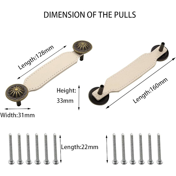 Nahkaiset vetimet lipastoon, laatikon vetimet, vetimet keittiön kaappiin, kylpyhuoneen kaappiin, vaatekaappiin, 6 kpl/sarja (128 mm, valkoinen)