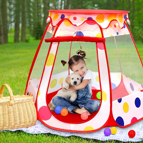 PopUp Princess Telt, Legetøj til Små Piger, Baby Boldbassin med LED Stjernelys, Sammenklappeligt Legetelt til Børn med Bæretaske