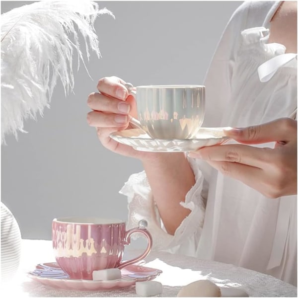 Mug Kaffe Kopp Pärlskal Keramik Utsökt Kaffe Kopp och Fat Set för Eftermiddagste Kopp 240ML Födelsedagspresent Heminredning (Rosa)