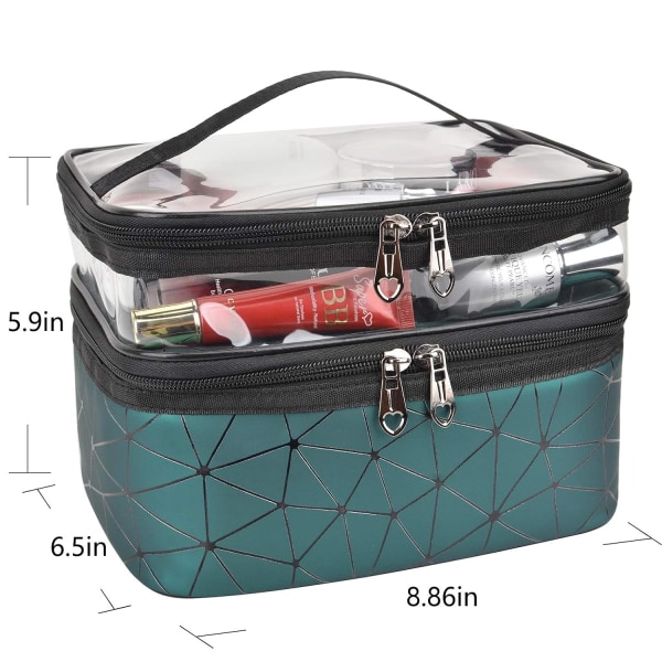 Makeup Bag Double layer Travel Cosmetic Case Make up Organizer Toiletry Bag (Dark green)