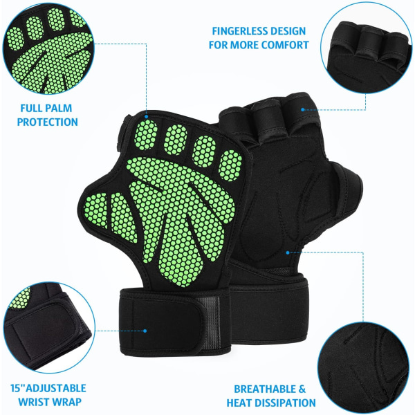 (Opgraderet) træningshandsker med indbyggede elastiske håndledsindpakninger og åben ryg - Ventileret - Silikonepolstret - Fingerløs, fitnesstræning og håndstøtte