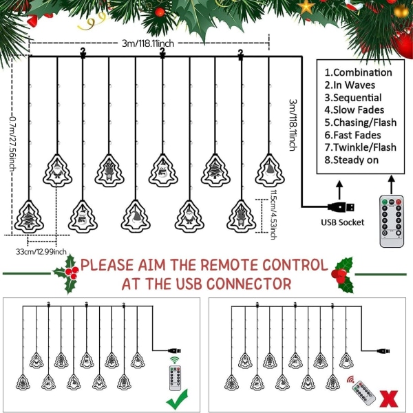 LED julelys, 3M LED 3D juledekoration USB-lyskæde med kroge, blinkende lys til indendørs og udendørs gardiner