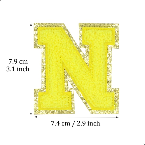 Engelska bokstaven N strykjärnsapplikationer lappbokstäver sömnadsapplikationer klädmärken, med guldglitterkant, självhäftande baksida (gul N) NYGul