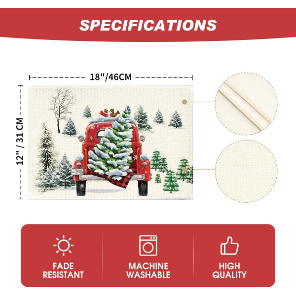 Vattenfärg Snöträd Lastbil Jul Placemats Set om 4, 30,48 x 45,72 cm Jul Semester Bordslöpare för Fest Kök Matsal Dekoration