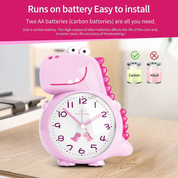 Barnklocka för flickor, snooze och nattlampa, analog batteridriven lärande klocka utan tickande, tid att vakna sängklocka (rosa dinosaurie)