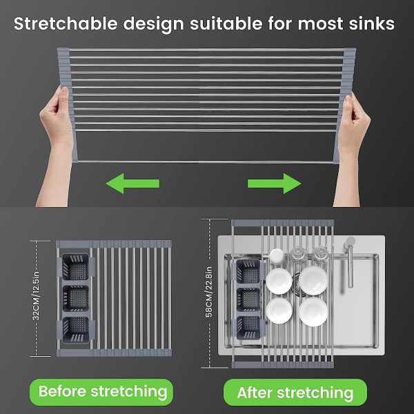 Expanderbar rullbar diskställ upp till 22,8'' med 2 förvaringskorgar, över diskbänken kök, hopfällbar, rullbar, för köksredskap, koppar, frukt, gafflar