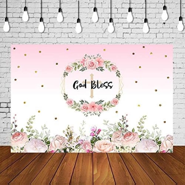 God Bless Baptism Backdrop Pink Baby Girls Baptism Sparkle Bokeh Photography Backdrops First Holy Communion Photo Background Pink Floral 5x3ft Vinyl