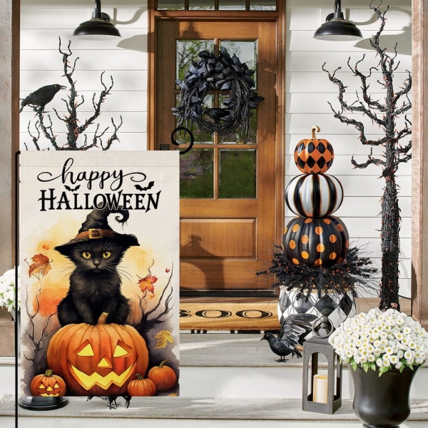 Halloween Cat Hageflagg 12x18in Vertikal Dobbeltsidig Happy Halloween Gresskar Ferie Utendørs Dekorasjoner Sekk Hageflagg