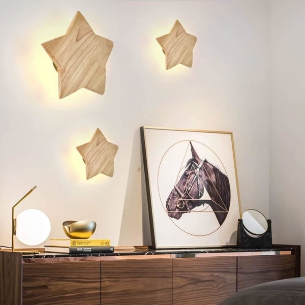 LED Wood Star Vägglampa Modern Creative Cartoon Vägglampa Nattljus Sänglampor för Baby Kids Sovrum Living