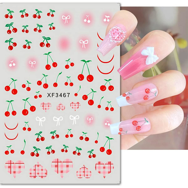 6 Ark Cherry Neglekunst Klistremerker Dekaler Frukt Design Klistremerker Selvklebende Dekaler Cherry Sløyfe Negle Dekaler for Jenter Designer