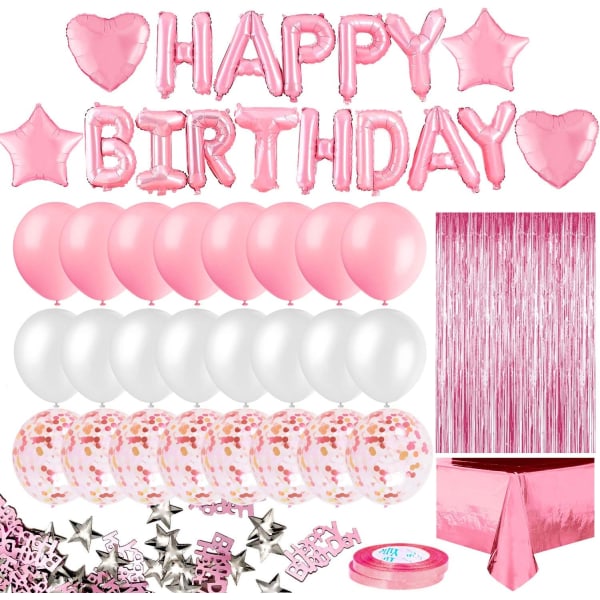 Rosa födelsedagsfestdekoration, Grattis på födelsedagen, roséguld fransgardin, folieduk, hjärtstjärna foliekonfettiballonger