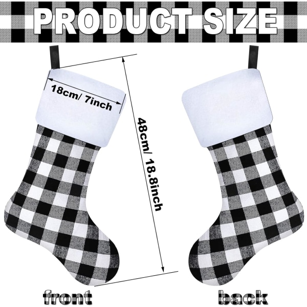 Heyone 18,8 tum julstrumpor julrutiga strumpor eldstad hängande strumpor Buffalo Plaid (6, vit manschett svart vit)