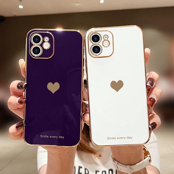 Kompatibel med iPhone 12 Skal för Kvinnor Flickor Söt Kärleks-Hjärta Lyx Bling Mjukt Baksida Skydd Upphöjd Full Kamera iPhone 12, Mörk Lila