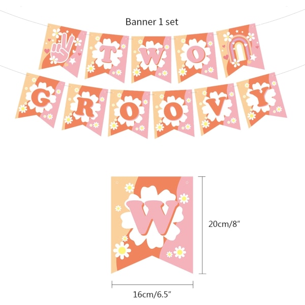 Kaksi groovy-juhlatarvikesarjaa Hippie Bohol -vauvatytön 2. syntymäpäiväjuhlien koristeisiin, Kukkainen vaaleanpunainen kaksi groovy-banneri