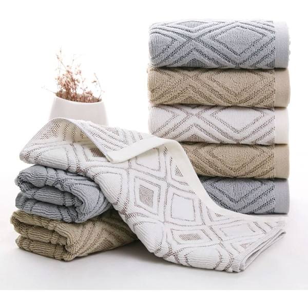 Handdukar Set om 2 Diamant Mönster 100% Bomull Absorberande Mjuk Dekorativ Handduk för Badrum 13,4 x 29,5 Tum (Beige Brun)