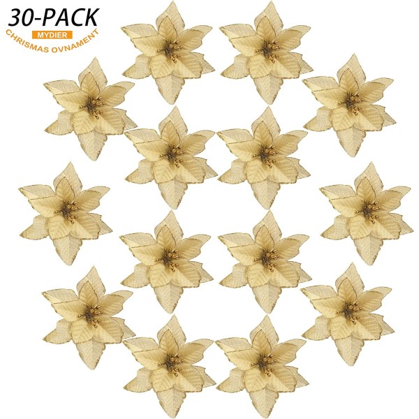 Julstjärnor julblommor 30 st glitter julstjärnor julgransprydnader konstgjorda blommor för julgran 5,12 tum - guld