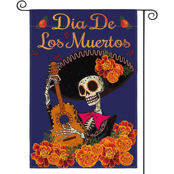 Día de los Muertos -lippu puutarhaan, kaksisuuntainen, Dia De Los Muertos -samettiruusu, sokerikallo, Halloween-juhlat, pihan ulkokoristelippu, 12x18 tuumaa
