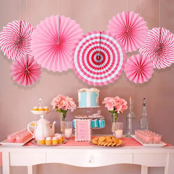 12 kpl Paper Fan -setti, Fiesta-kuvio, Paper Garland -koristeet Juhliin, Uusivuosi, Vauvakutsu (Vaaleanpunainen)