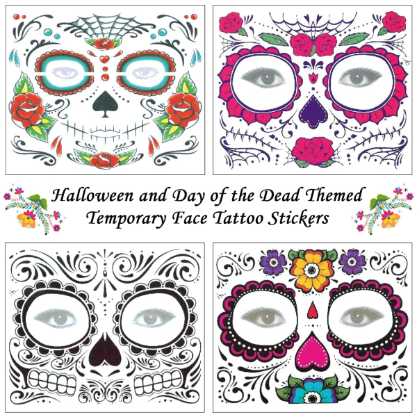 Day of the Dead ansiktstatoveringer - 4 ark Halloween midlertidige tatoveringer ansikt klistremerker sett Día de Los Muertos Glitter Røde Roser