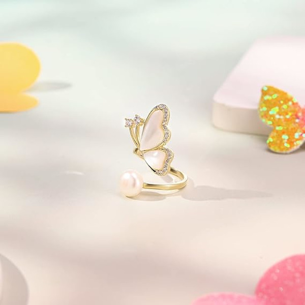 18k guldpläterad kubisk zirkonia pärlring, justerbar ring, fjärilsring, mammagåva