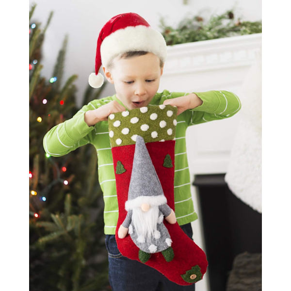 Heyone 3 st julstrumpor 18 tum storlek julstrumpa med 3D plysch tomtar tomte och hängande rep