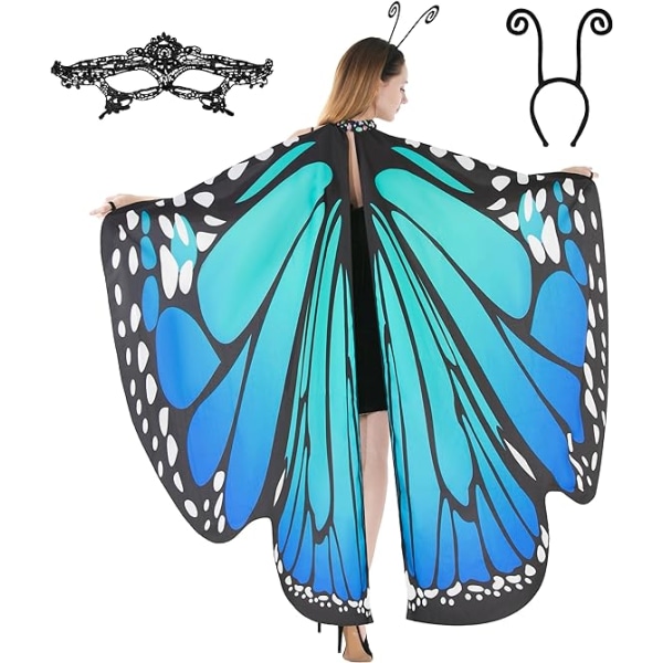Butterfly Wing Cape sjal med blondemaske og svart fløyelsantennehodebånd