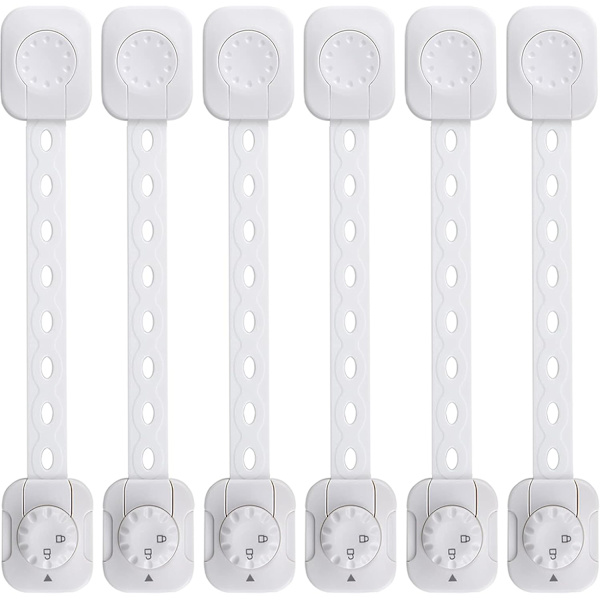 Babysicherhetslås (förbättrad), set med 6 barnsäkra skåplåsfästen, för lådor, kylskåp (vit, inga verktyg krävs)