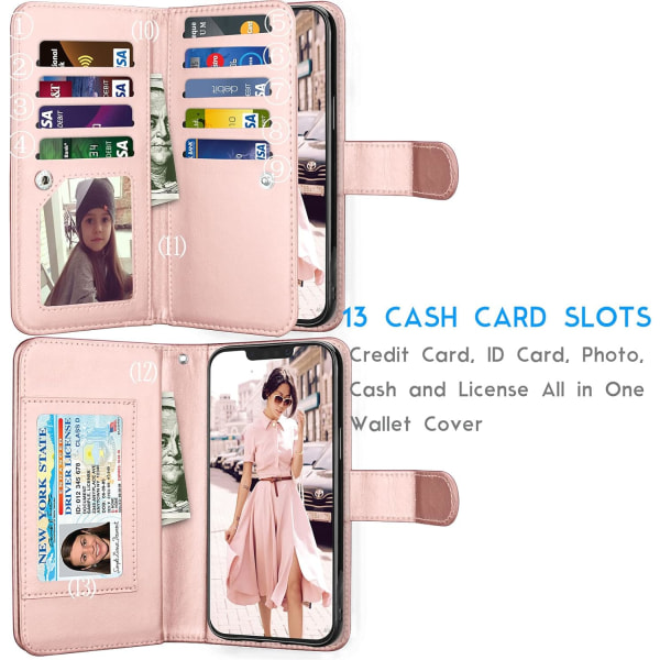 Pung pung til iPhone 13 Pro Max (6,7 tommer) 2021 Luksus ID Kontanter Kreditkort Slots Holder Bærepose Folio Flip PU Læder- Rose Gold